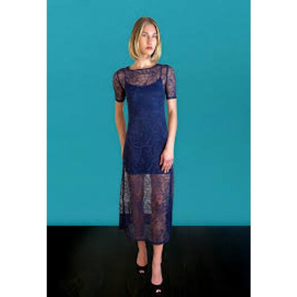 Only Hearts Go Ask Alice Lace Overlay Midi Dress Navy Blue Ink 70165 Stretch Med - Picture 2 of 3